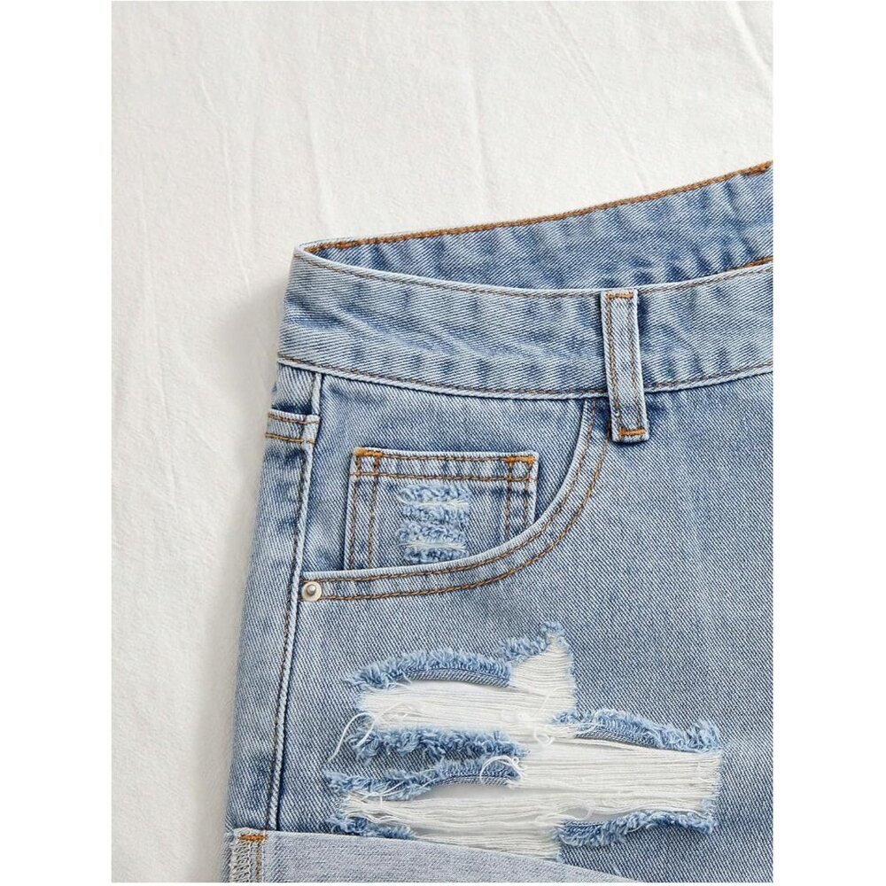 Women's Ripped Mini Jean Shorts Distressed Roll Hem Low Rise Y2K Style - Picture 4 of 5